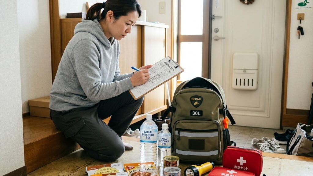 避難時の持ち物が詰められた防災リュックサックの写真