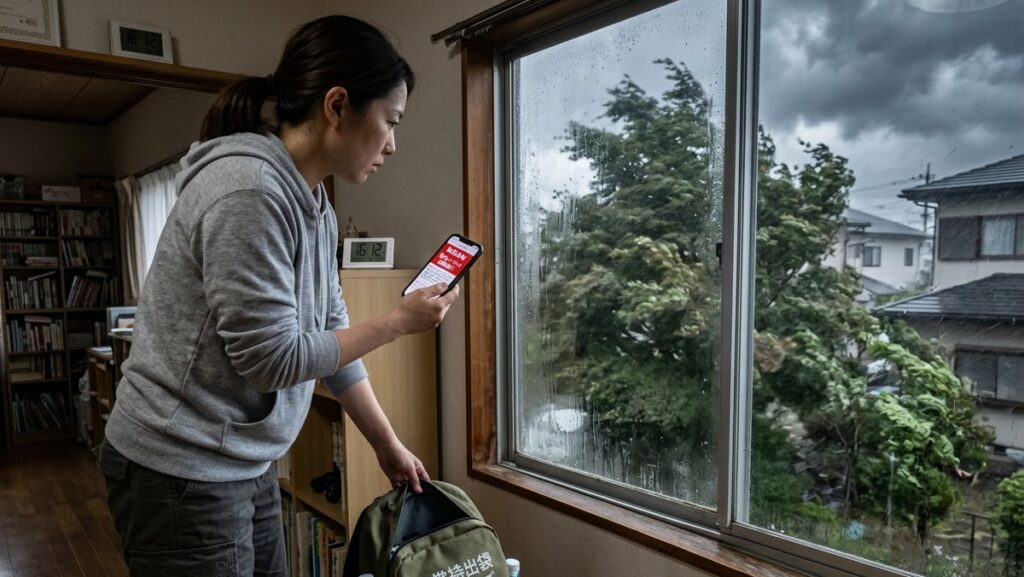 家族全員で避難経路を実際に歩いて確認している写真