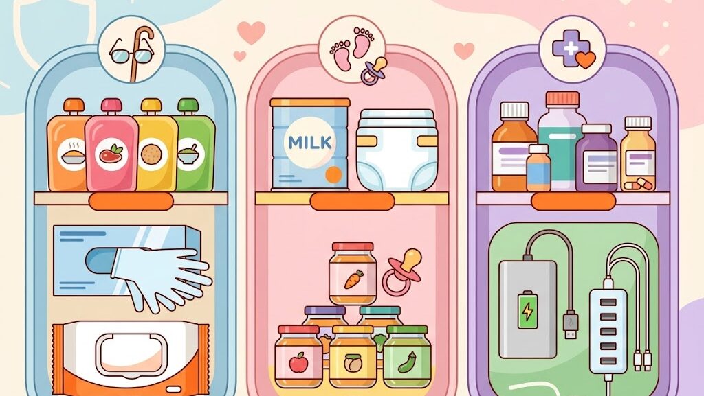 高齢者・乳幼児・障がい者向けの追加備蓄品を3グループに分けたイラスト