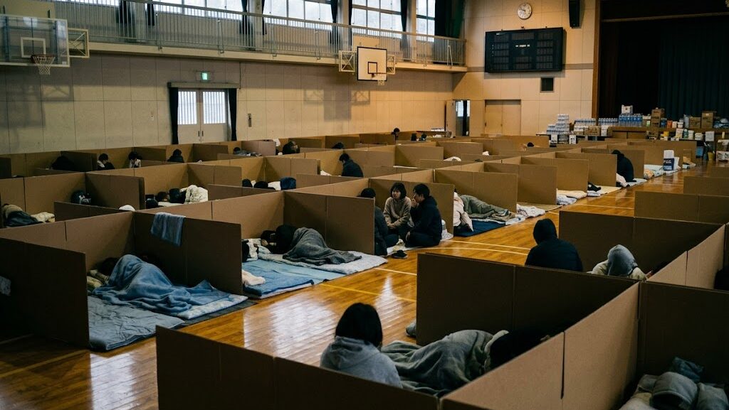 熊本地震の避難所で段ボール間仕切りの中過ごす家族