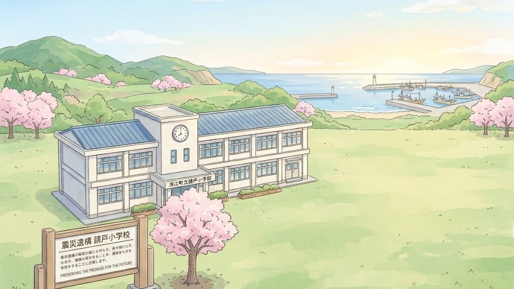 震災遺構として保存された学校校舎のアニメスタイルイラスト