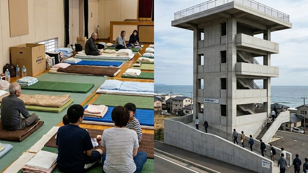 災害時の避難場所の違いを伝えるための、2つのシーンを対比させた分割写真です。 左側は学校の体育館を利用した屋内の災害避難所（「指定避難所」）で、床に敷かれたマットの上に人々が座り、飲料水などが置かれた避難生活の様子です。 右側は海岸近くに建つ巨大なコンクリート製の多層津波避難タワー（「指定緊急避難場所」）の外観で、人々が外部のスロープや階段を登っている様子と、背景に海が見えます。