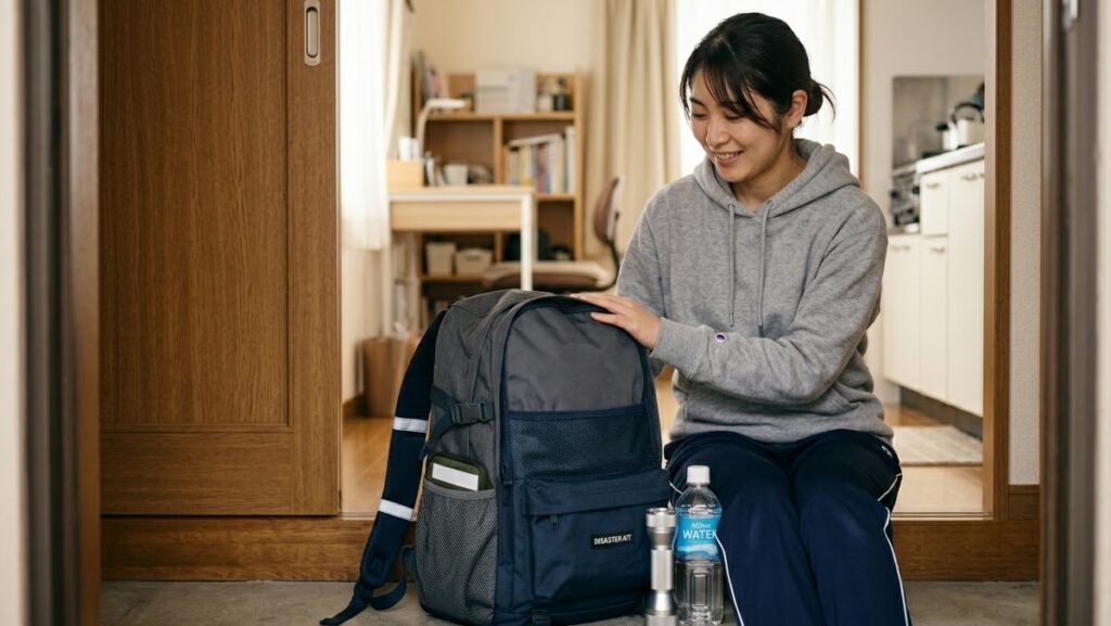 準備が整った防災リュックと安心した表情の一人暮らしの人物の写真