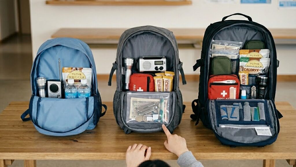 価格帯別の防災リュックを比較している写真
