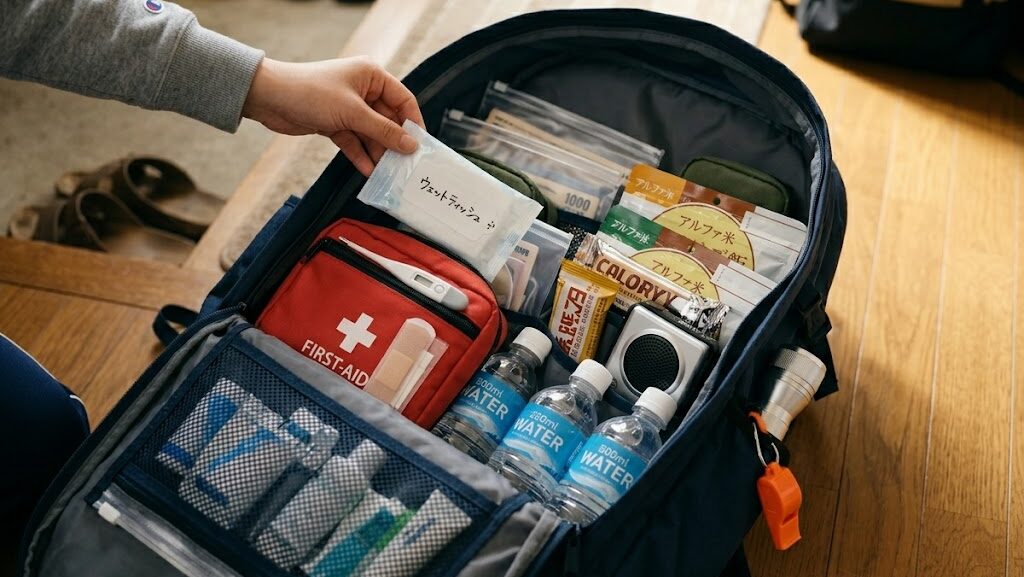 仕切りとポケットで整理された防災リュックの中身の写真