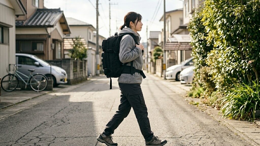 防災リュックを背負って歩く人物の写真