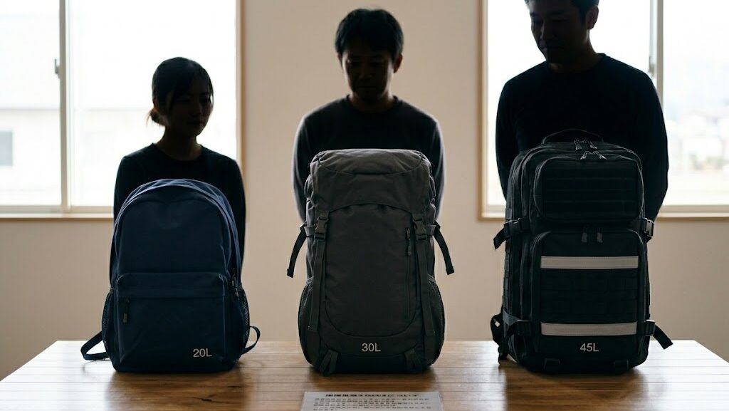 容量別に並べられた防災リュックのサイズ比較写真