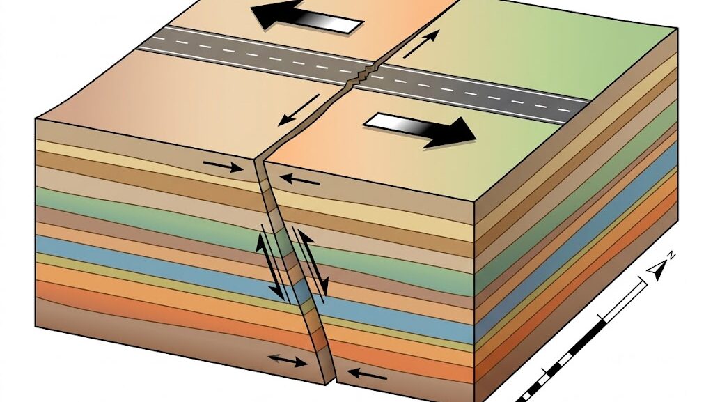 横ずれ断層のメカニズムを示す地層断面