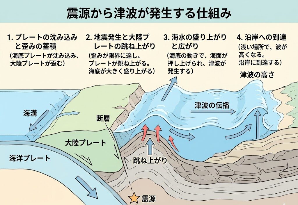プレート運動から津波が発生するメカニズムを示した図解イラスト