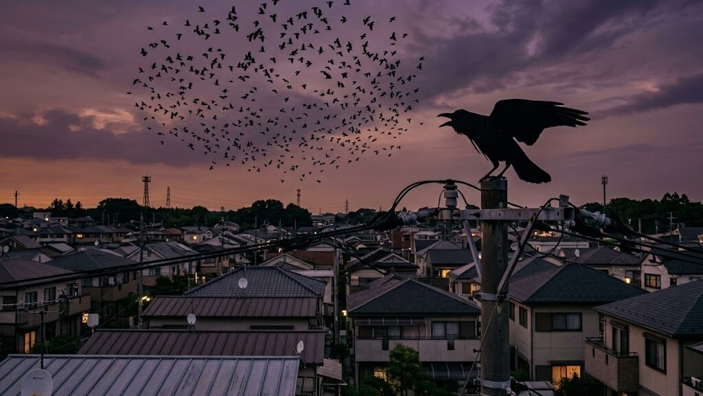 地震前兆として夕暮れ空を不規則に旋回するカラスの大群