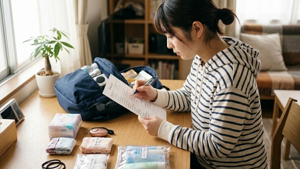 女性の一人暮らしに必要な防災用品を確認している写真