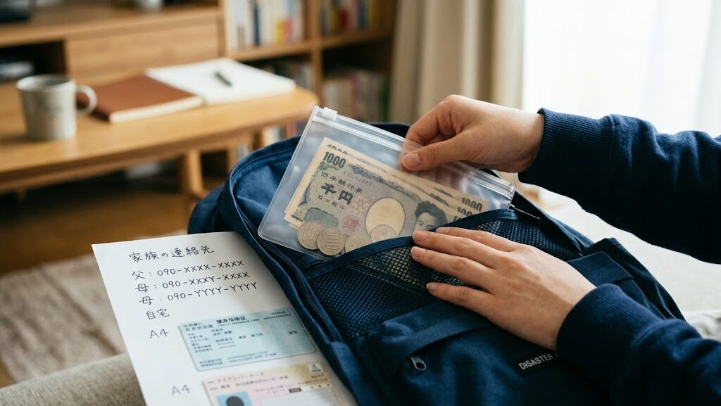 防災リュックに入れる貴重品と現金を準備している写真