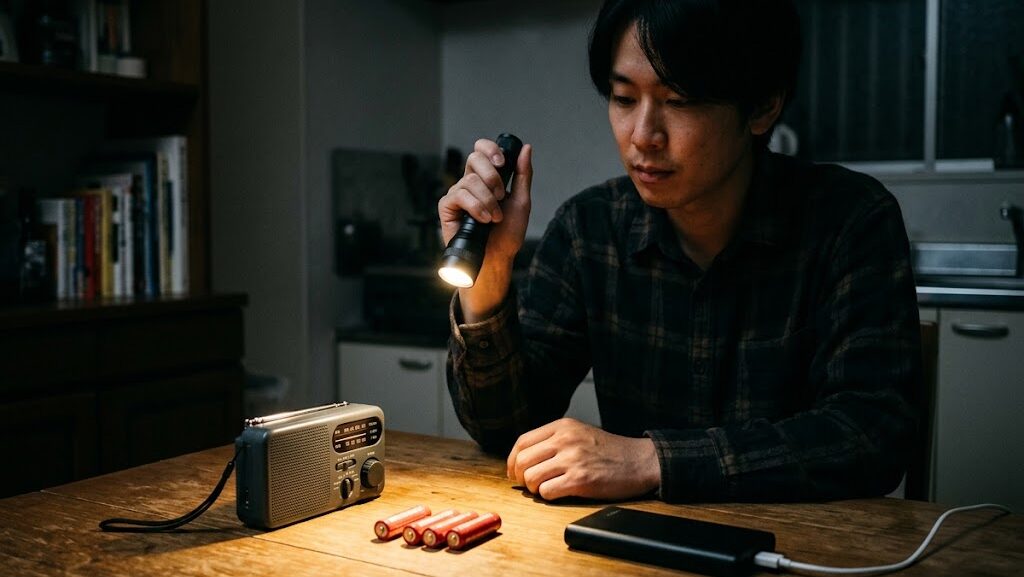 懐中電灯とラジオなど情報収集用の防災グッズの写真