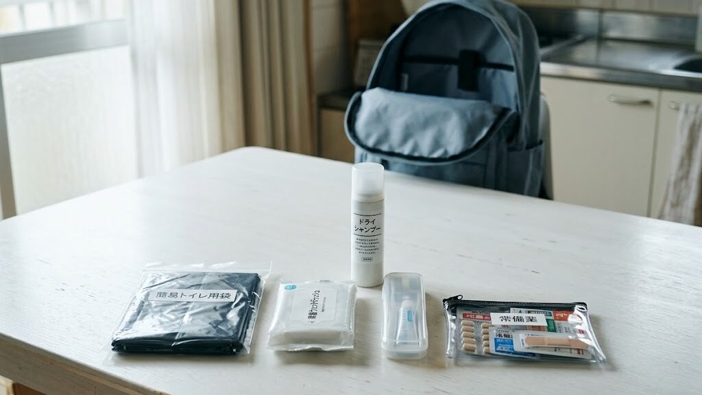 防災リュック用の衛生用品と常備薬を並べた写真