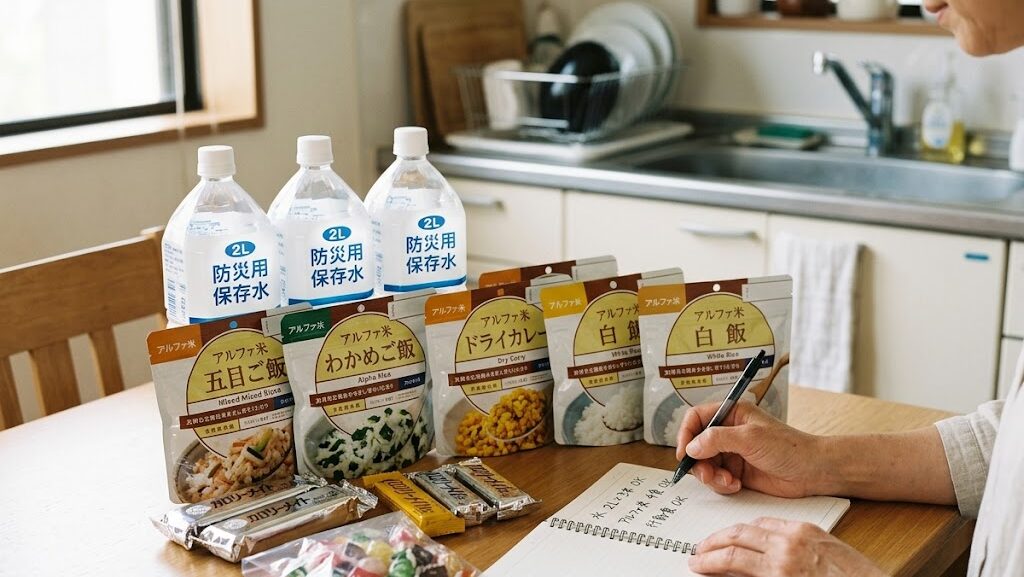 防災用の水と食料を並べて備蓄量を確認している様子の写真