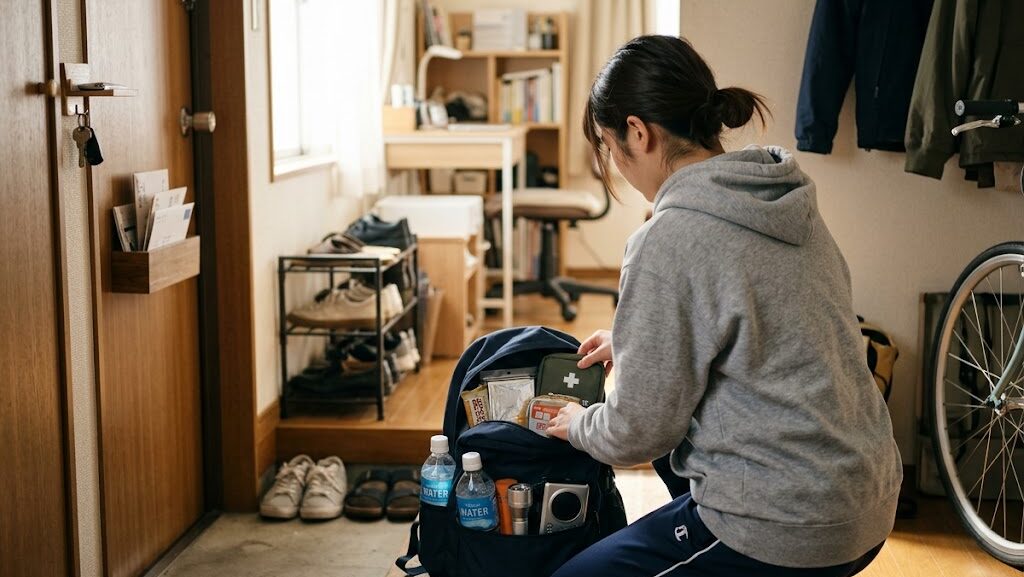 一人暮らしの玄関に置かれた防災リュックと中身を確認する女性の写真