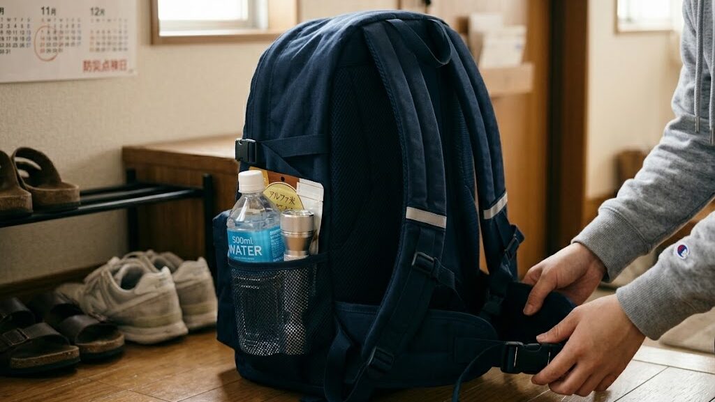 明るい玄関に置かれた紺色の防災リュック。サイドポケットには水のペットボトルと懐中電灯が入っており、横には点検を行う人の手が添えられている。背景の壁には防災点検の日が記されたカレンダーがあり、一人暮らしの備えと日常的なメンテナンスを想起させる実写風のビジュアル。