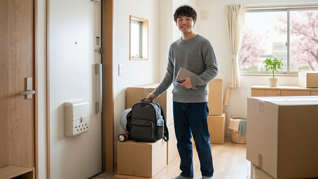 新生活の防災グッズ準備が整い安心している若い日本人のイメージ