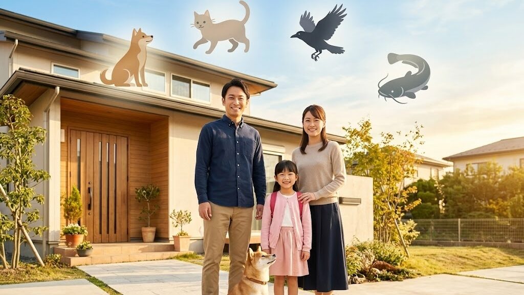 防災意識を持って自宅前に立つ日本人家族と愛犬、空に浮かぶ動物たちの象徴的なシンボル
