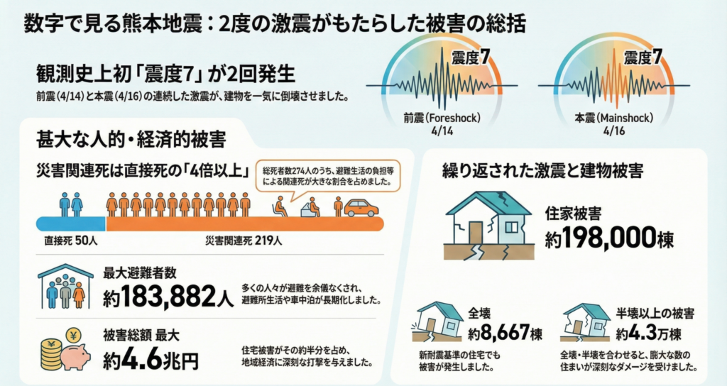 熊本地震の被害総括インフォグラフィック:震度7が2回、死者274人(うち関連死219人)、住家被害約19.8万棟のデータまとめ