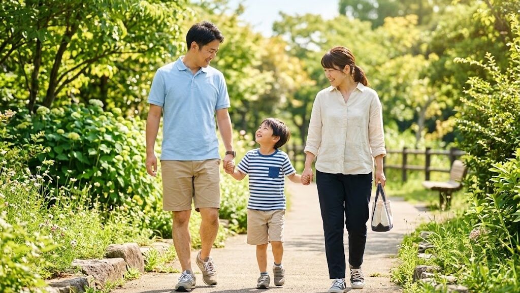 地震が怖い子供の不安を解消するまとめ 晴れた日に両親と手をつないで歩く笑顔の子供