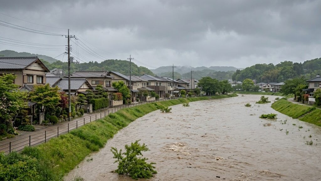 洪水の仕組みを表す増水した河川の実写写真