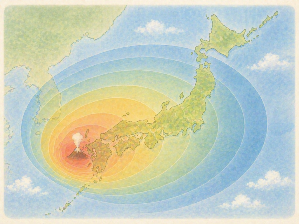 噴火シミュレーションによる被害想定範囲を示した教育的なイラスト
