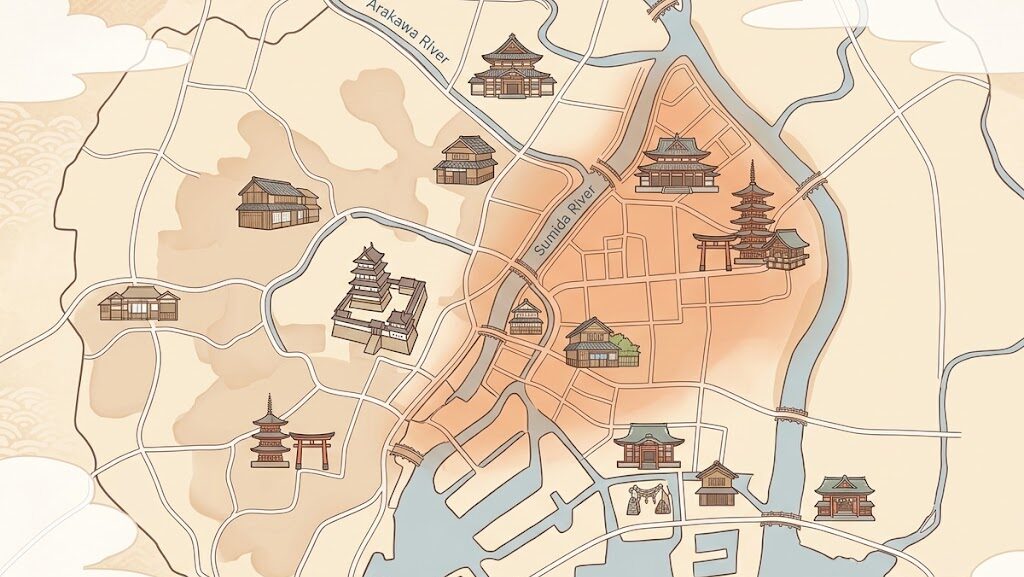 江戸の下町一帯に広がった被害範囲を表すイラスト地図