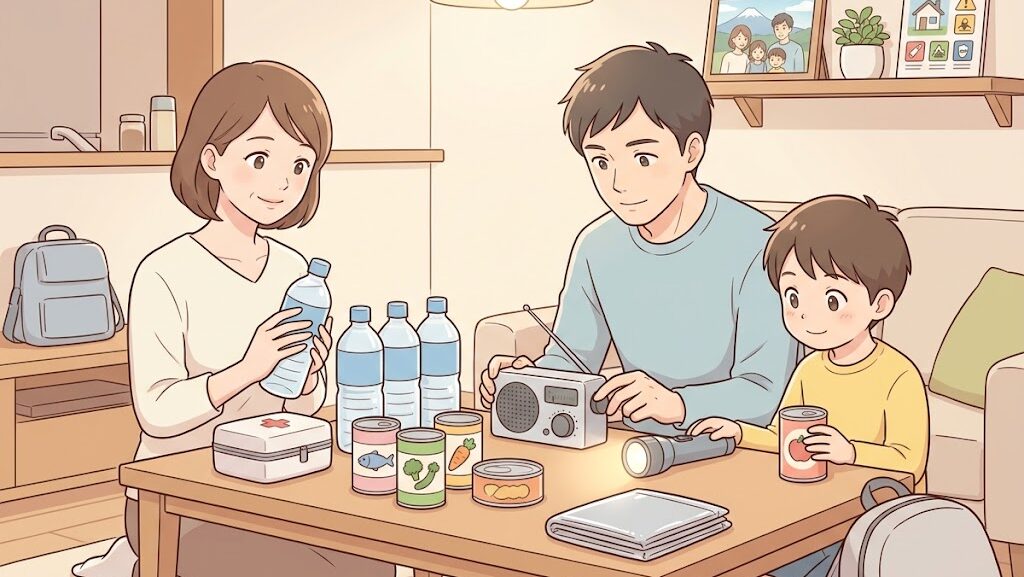 家族が防災グッズを確認している温かみのあるアニメ調イラスト