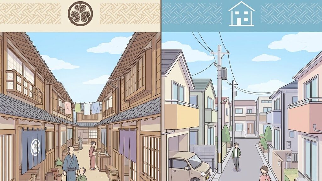 江戸時代と現代の密集住宅地を比較したイラスト