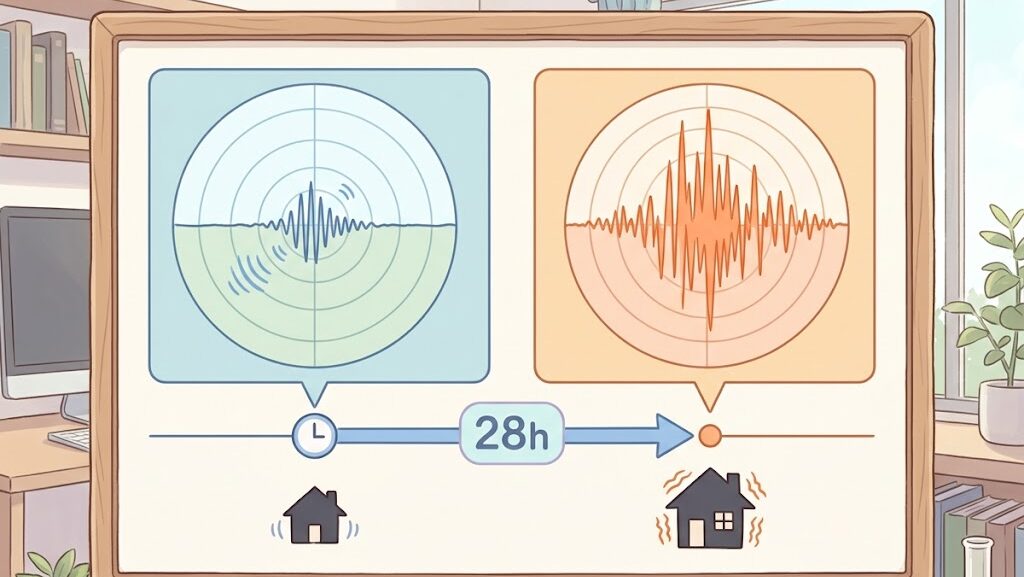 前震と本震の28時間の間隔をタイムラインで示した教育的なアニメ調図解