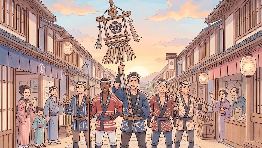 江戸の町火消が纏を持って町を守る様子のイラスト