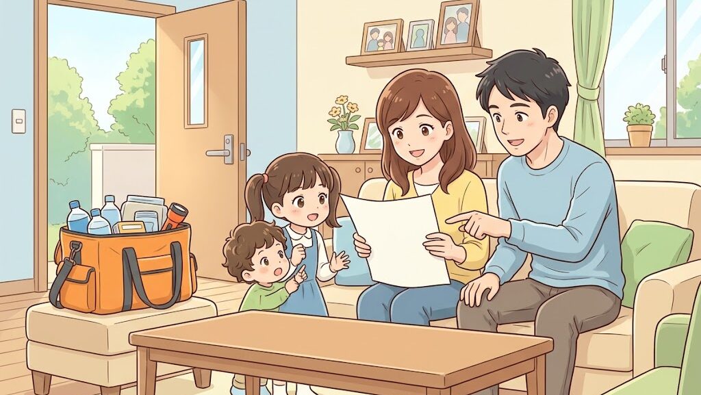 家族で防災の備えを確認する様子のアニメ調イラスト