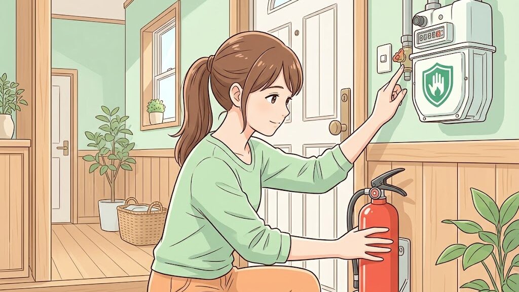 消火器の設置とガスメーター確認をする人物のイラスト、地震火災への備えイメージ