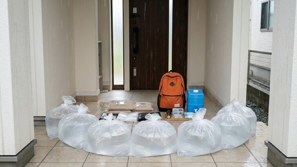 玄関前に水のうを設置した洪水被害軽減対策の実写写真