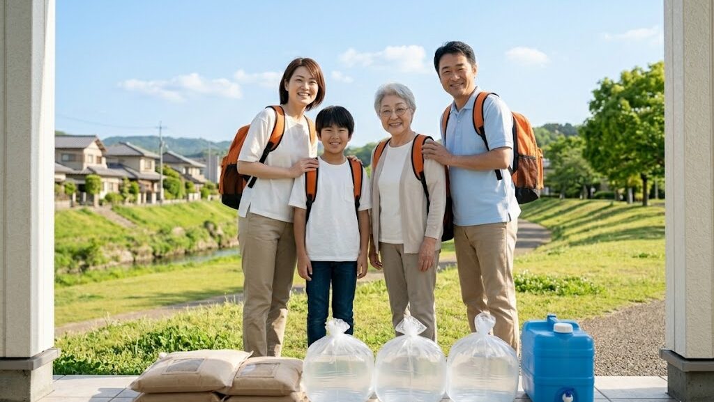 洪水対策を備えた家族が笑顔で防災グッズとともに玄関前に立つ実写アイキャッチ写真