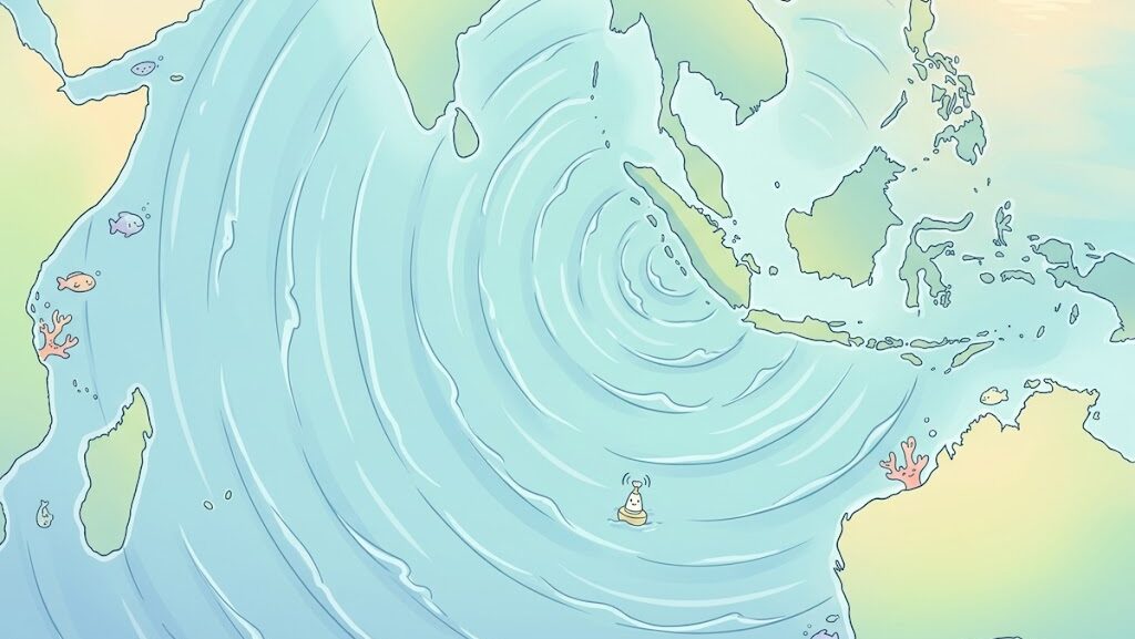 インド洋で津波が同心円状に広がる様子を示した教育的イラスト