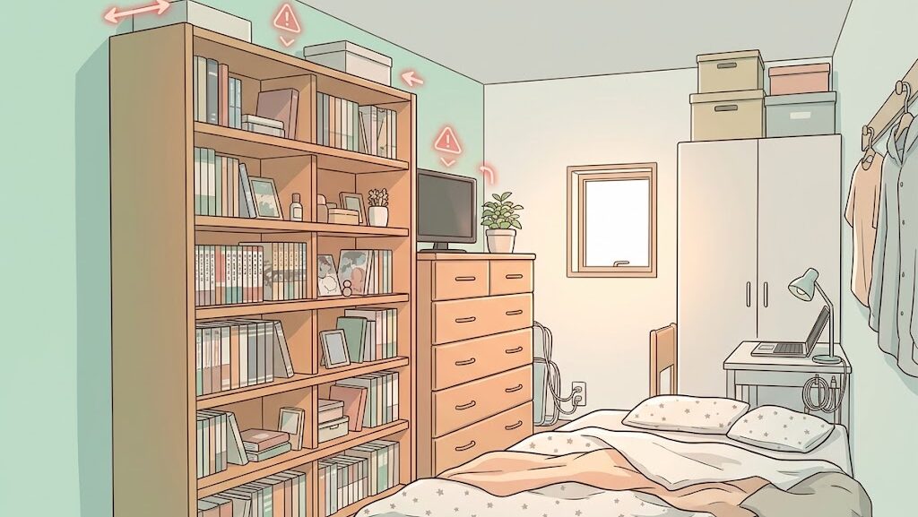 一人暮らしの部屋で背の高い家具が転倒リスクになることを示す室内イラスト