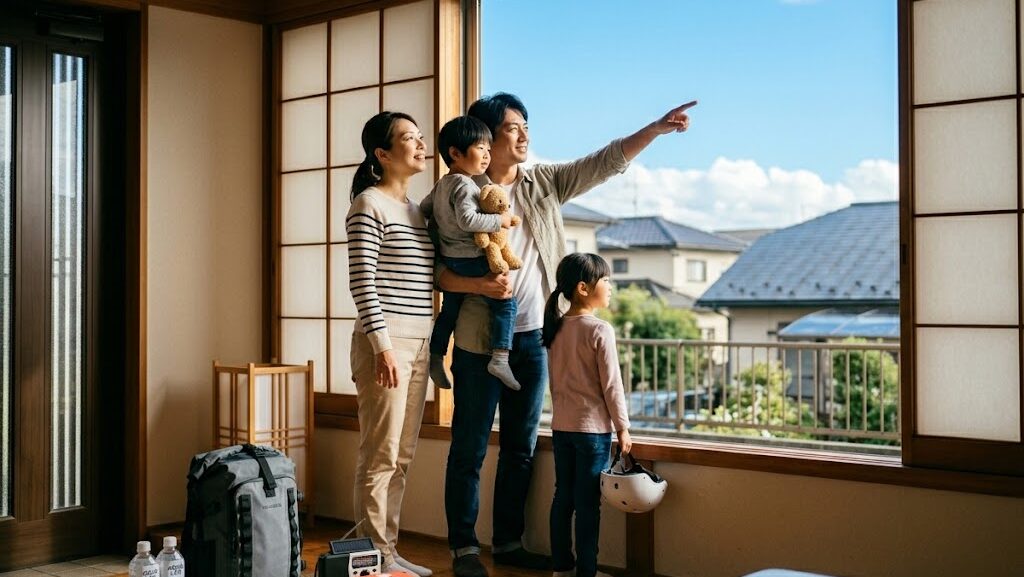 台風通過後に青空を眺める備えを整えた日本の家族の写真風イメージ