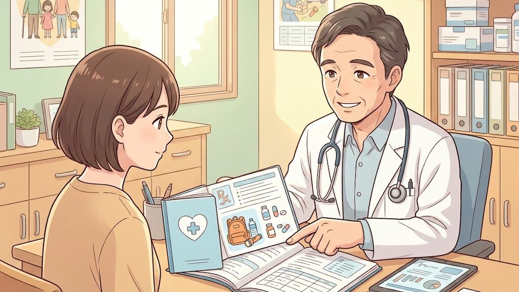 かかりつけ医とお薬手帳を使った災害時の備えを相談するイラスト