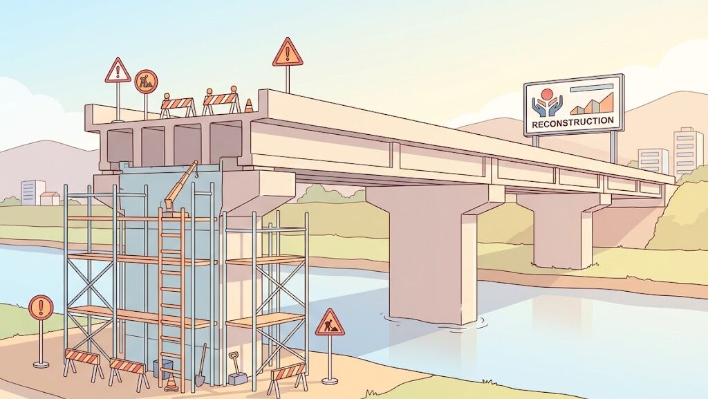 地震後に耐震改修工事が施された橋のイメージ、アニメ調イラスト