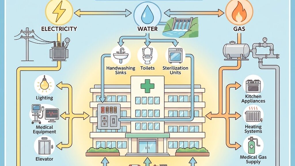病院のライフライン依存構造を示す防災理科イラスト