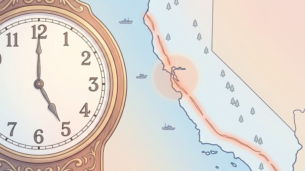 1906年地震発生時刻と震源地をイメージしたアニメ調イラスト