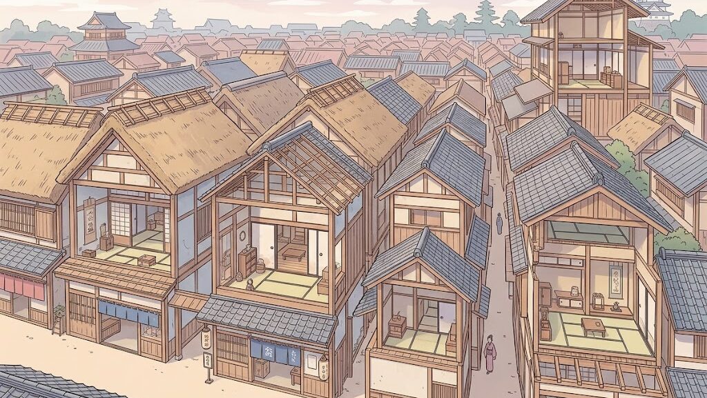 江戸の木造密集住宅の構造を表した断面図イラスト