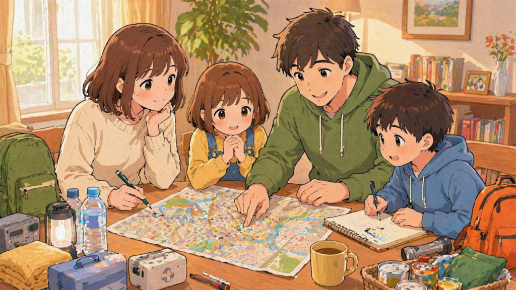 家族で避難計画を話し合うシーンのイラスト