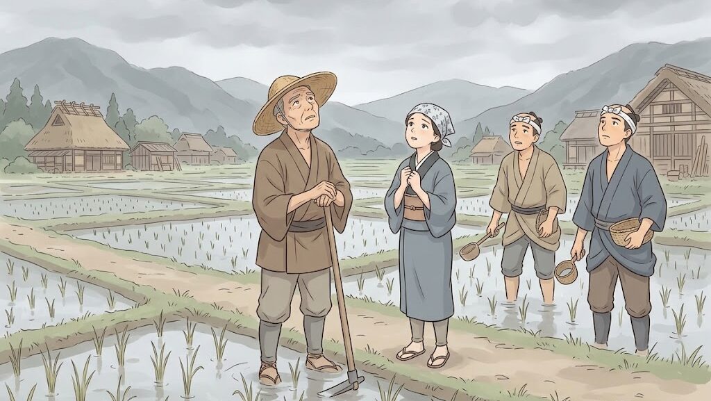 江戸時代の冷夏と不作を表すアニメ調イラスト