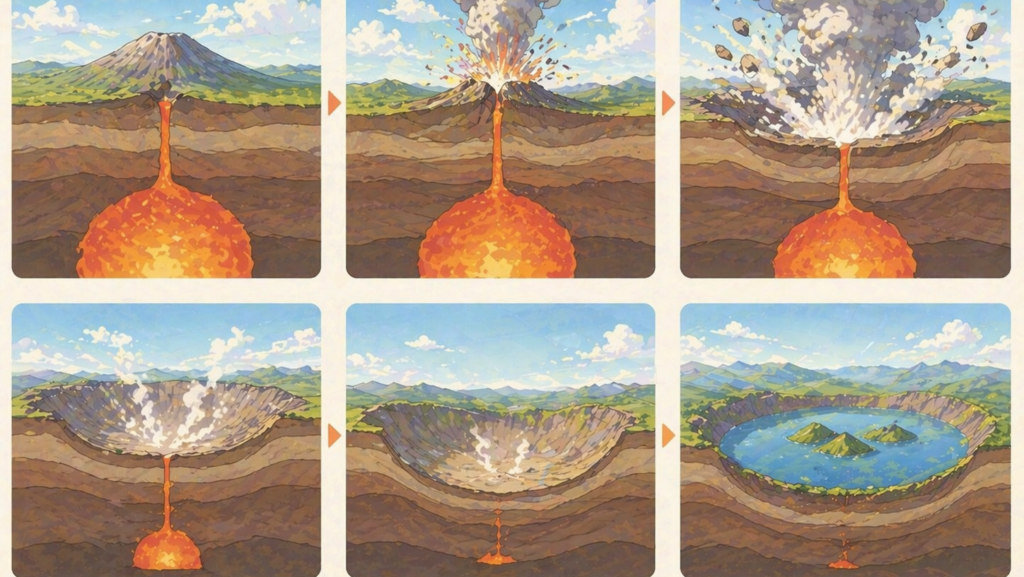 カルデラの形成過程（マグマだまりの放出と地盤陥没）を示した断面図イラスト
