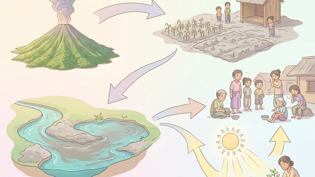 火山噴火から農作物壊滅・水源汚染・疫病への連鎖を示す図解イラスト