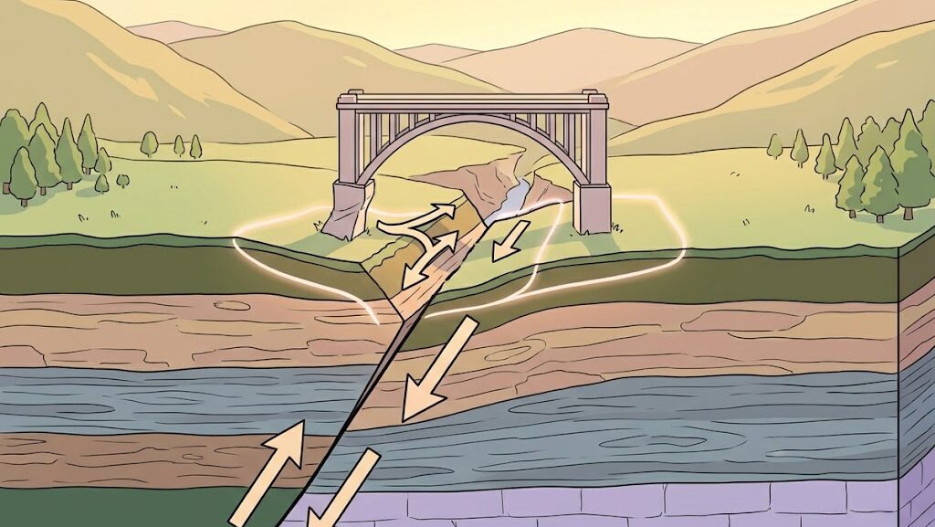 橋の直下の活断層と地盤変位のメカニズムを示す教育的イラスト