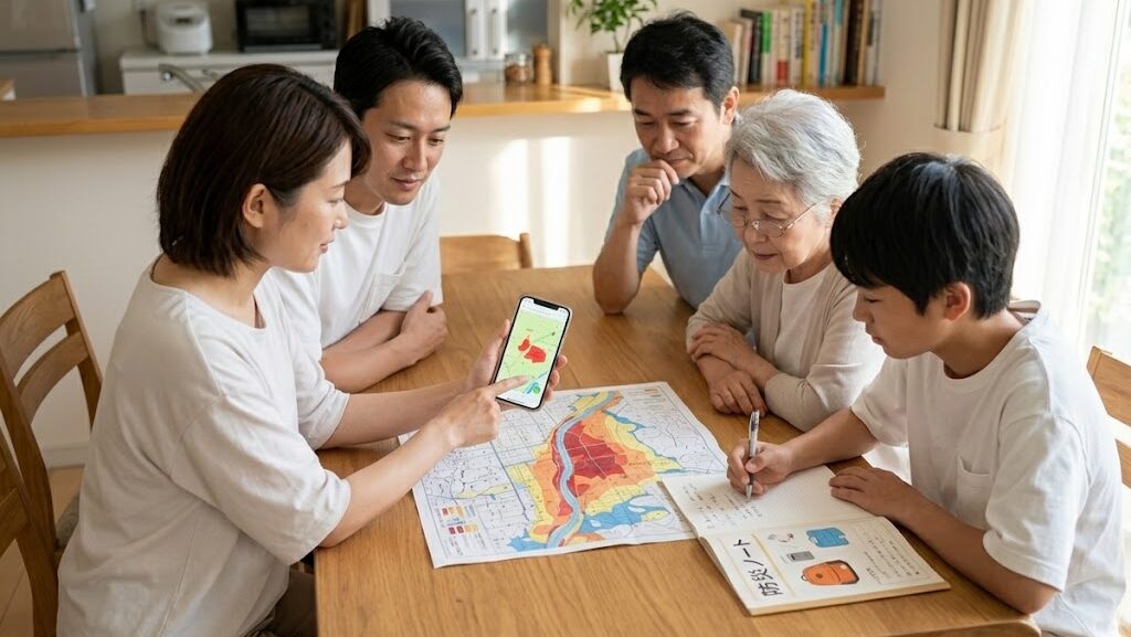 浸水想定区域の家庭が防災計画を話し合っている実写写真